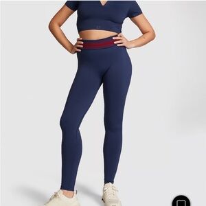 🐸PINK Victoria's Secret Navy flip it seamless fold over Leggings with Red Stripe